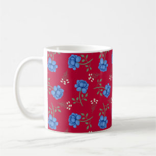 Taza De Café Rosas Azules sobre Calicó Rojo Sobredimensionado