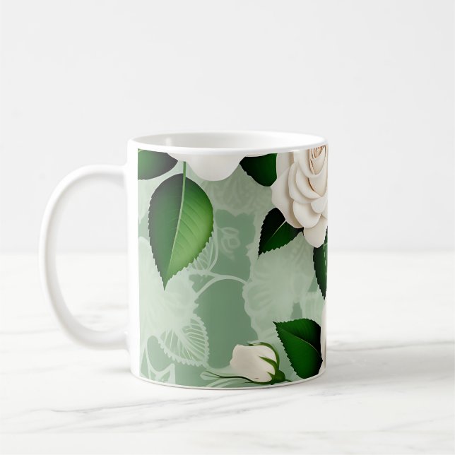 Taza De Café Rosas Blancas Elegantes En Verde (Izquierda)