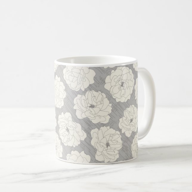 Taza De Café Rosas blancas en gris claro - patrón sin fisuras. (Anverso derecho)