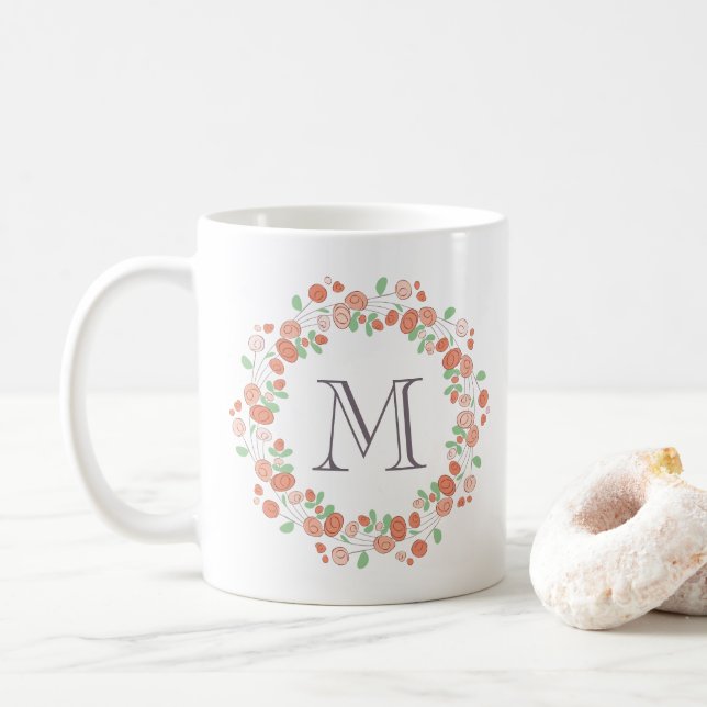 Taza De Café rosas coralinos monograma (Con donut)