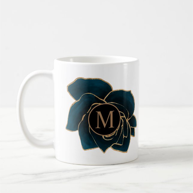 Taza De Café rosas de acuarela monograma dorado y azul (Izquierda)