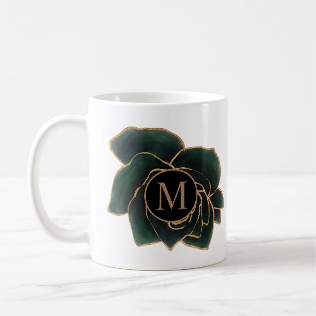 Taza De Café rosas de acuarela monograma dorado y verde (Izquierda)