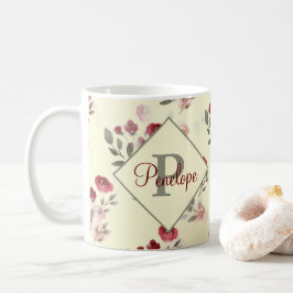 Taza De Café Rosas de acuarela románticos Monograma del patrón 