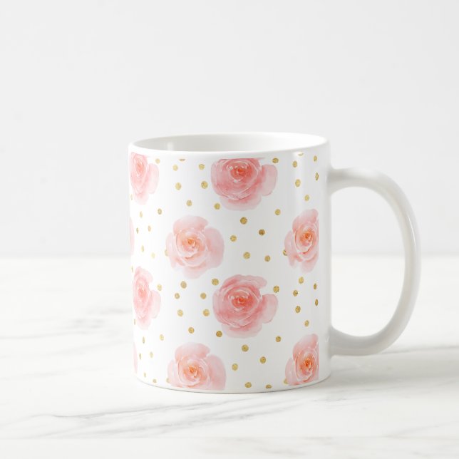 Taza De Café Rosas de acuarela rosa de Confetti dorado (Derecha)