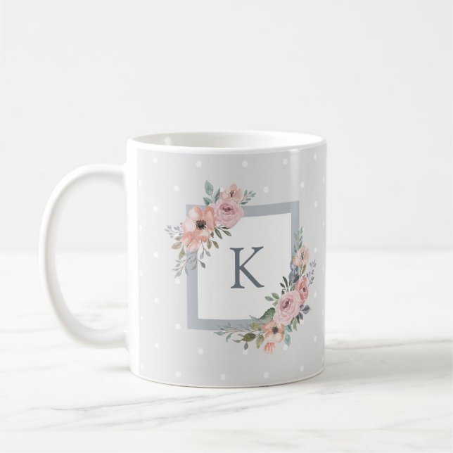 Taza De Café Rosas de acuarela rosa y puntos grises | Monograma (Izquierda)