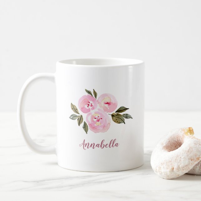 Taza De Café Rosas de acuarela rosadas con nombre (Con donut)