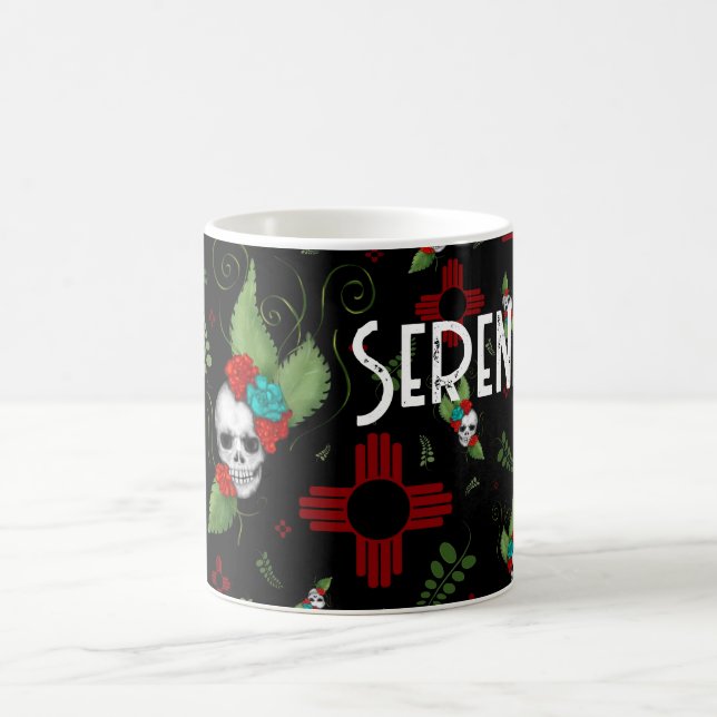 Taza De Café Rosas de cráneo Zia Sun Greenery Nuevo México Negr (Centro)