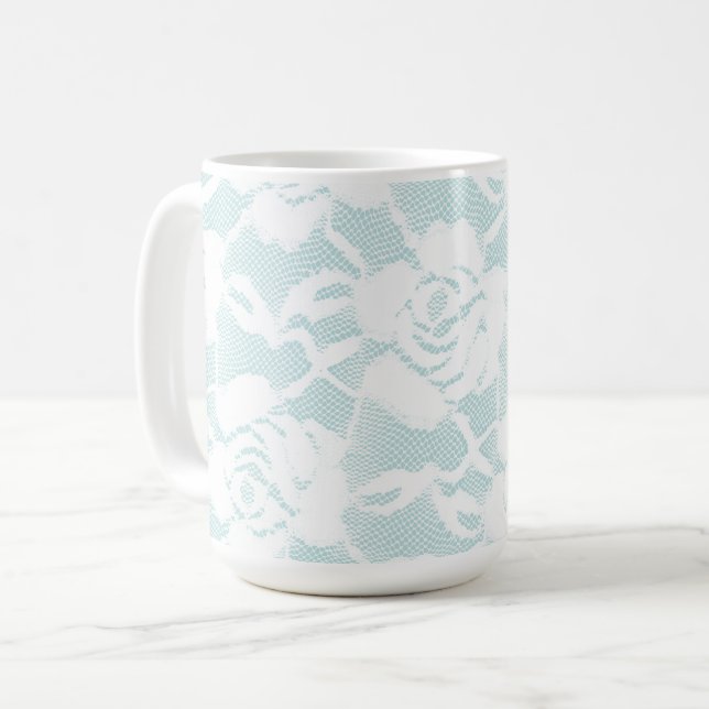 Taza De Café Rosas de encaje floral azul menta blanco (Anverso izquierdo)