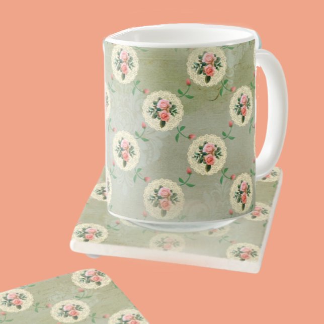Taza De Café Rosas de la época Doilis Damasco Verde Humeante (Mugs make a lovely hostess gift!)