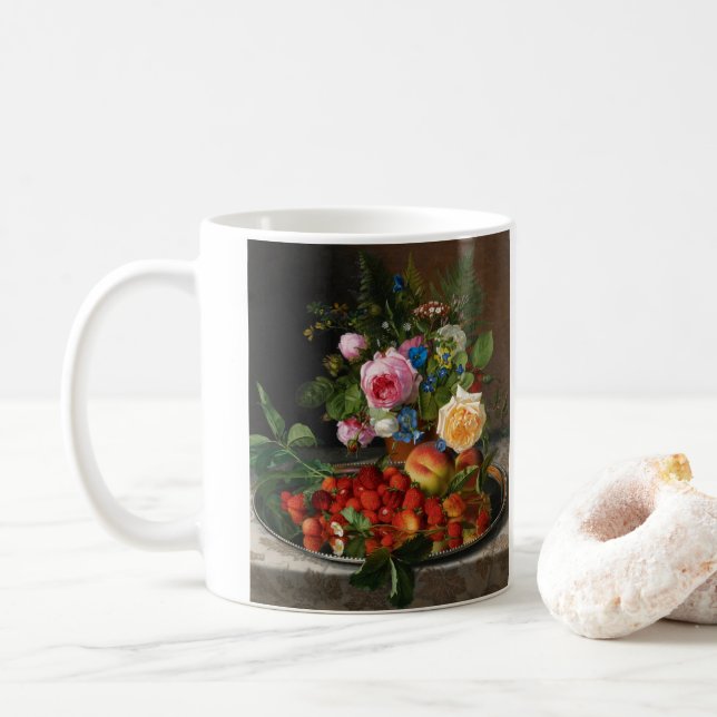 Taza De Café Rosas de la vida muerta y fresas por Otto Ottesen (Con donut)