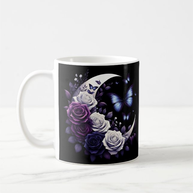 Taza De Café Rosas de medianoche, media luna y mariposas (Izquierda)