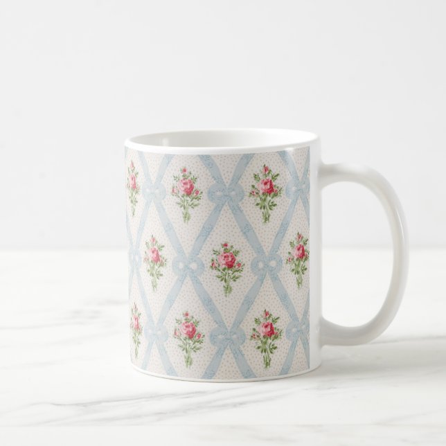 Taza De Café Rosas de Victoria Rosa con Entramado Azul (Derecha)