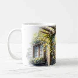 Taza De Café Rosas doradas en la pared de una cabaña rústica de