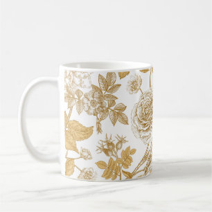 Taza De Café Rosas dorados, flores, hojas y bayas de perro