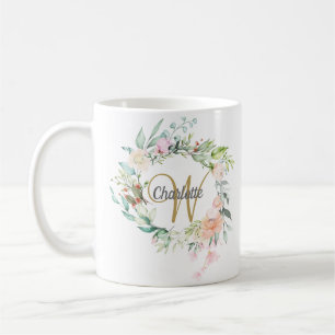 Taza De Café Rosas Elegante Monograma en Script Dorado