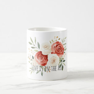 Taza De Café Rosas Florales de Amor Rojo Crema