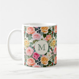 Taza De Café Rosas Florales Flores Elegantes Monograma Bonito