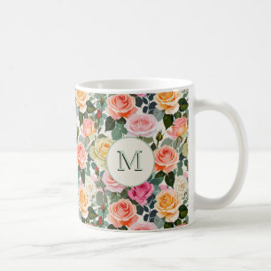 Taza De Café Rosas Florales Flores Elegantes Monograma Bonito