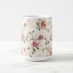 Taza De Café Rosas Florales Rosadas con Tono Marfil 