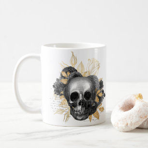 Taza De Café Rosas negras vintage calavera guion follaje de oro