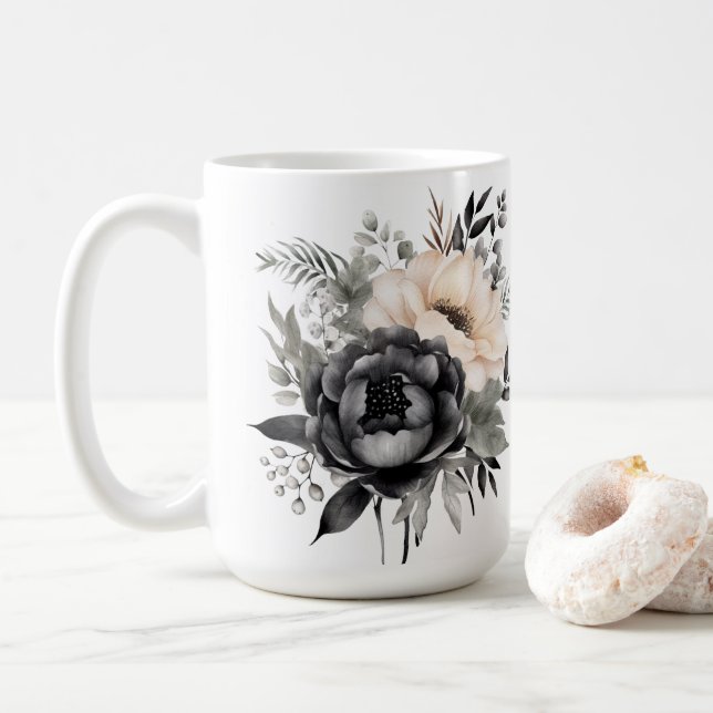 Taza De Café Rosas negras y blancas en blanco (Con donut)