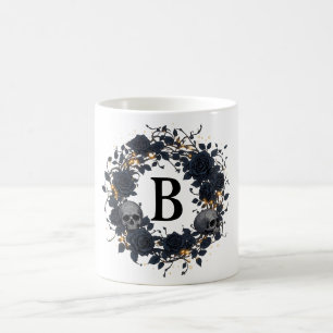 Taza De Café Rosas Negras y Calaveras Inicial Personalizada