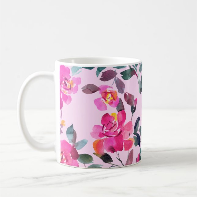 Taza De Café Rosas opulentos de acuarela dibujados a mano. Mare (Izquierda)