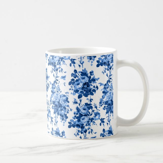 Taza De Café Rosas románticos de la época antigua - azul sobre  (Derecha)