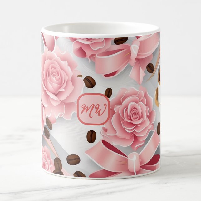 Taza De Café Rosas rosa, cintas, arcos, monogramos elegantes (Subido por el creador)
