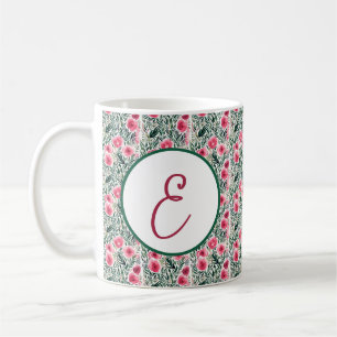 Taza De Café Rosas rosadas acuarela y monograma de rayas blanca
