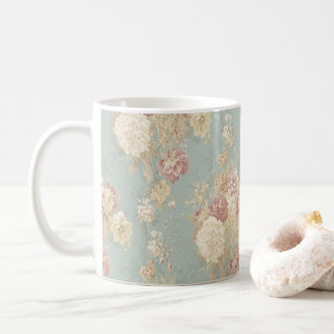 Taza De Café Rosas rosadas blancas sonrojadas sobre fondo azul