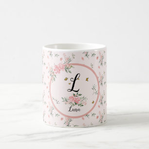 Taza De Café Rosas rosadas elegantes al acuarela con mariposas
