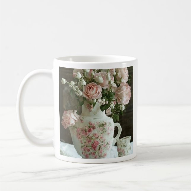 Taza De Café Rosas rosadas en una tetera (Izquierda)