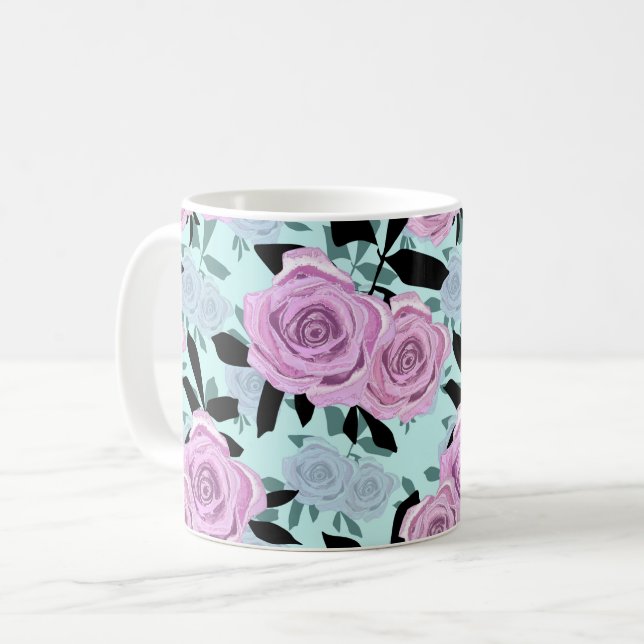 Taza De Café rosas rosadas, rosas , fondo turquesa (Anverso izquierdo)
