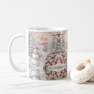 Taza De Café Rosas rosadas vintage, pueblo de Navidades de niev