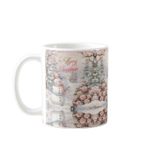 Rosas rosadas vintage, pueblo de Navidades de niev