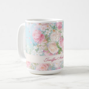 Taza De Café Rosas rosadas y blancas florales con nombre person