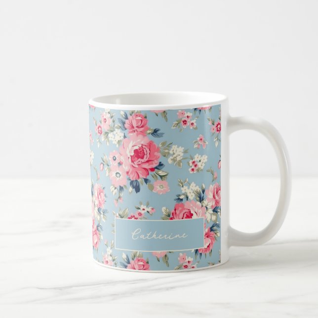 Taza De Café Rosas rosas rosadas personalizadas de cabaña sobre (Derecha)