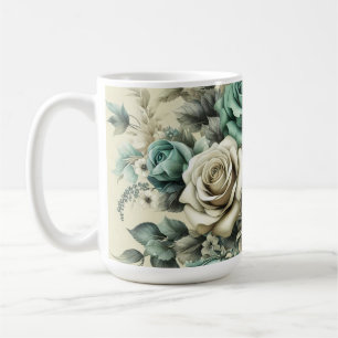 Taza De Café Rosas verde azuladas y blancas
