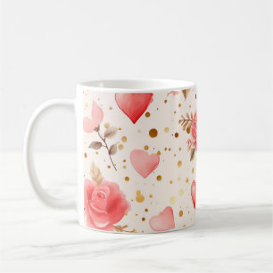Taza De Café Rosas y corazones de las acuarelas rosas de San Va