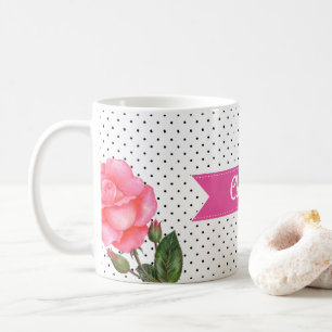 Taza De Café Roses rosas color de agua sobre puntos de polka bl