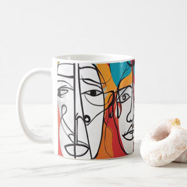 Taza De Café Rostros abstractos vibrantes - Línea de arte conte (Con donut)