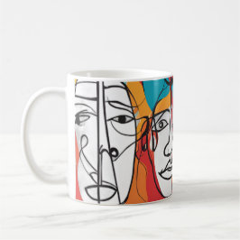 Taza De Café Rostros abstractos vibrantes - Línea de arte conte