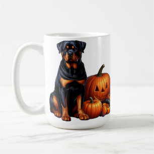 Taza De Café Rottweiler sentado junto a calabazas de Halloween