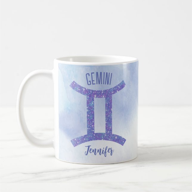Taza De Café Rótulo Astrológico Gemini personalizado púrpura (Izquierda)