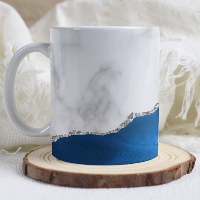 Taza De Café Royal Blue Agate Silver Glitter White Marble  (Subido por el creador)