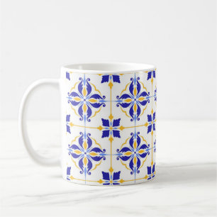 Taza De Café Royal Fleur Elegant Blue and Gold Botanical Mosaic