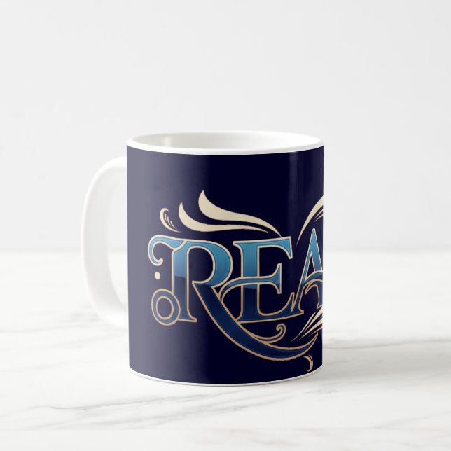 Taza De Café Royal Ornate Blue & Gold "READ" Masterpiece (Anverso izquierdo)