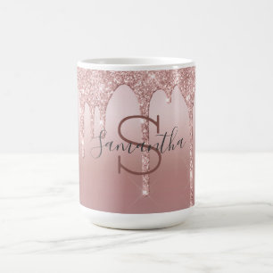 Taza De Café Rubor con Brillo de Oro Rosa Monograma de Moda 