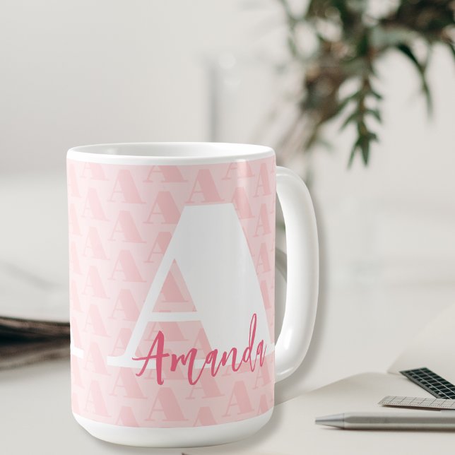 Taza De Café Rubor Pink Monograma Hot Pink Script Name White (Subido por el creador)